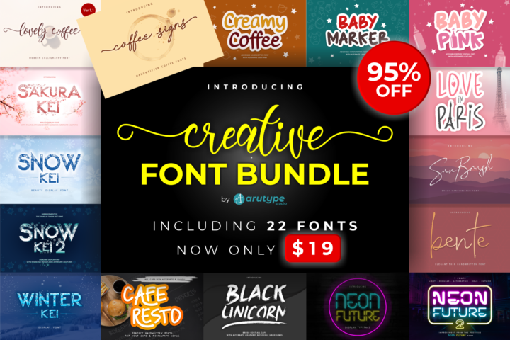 Elevate your branding with the Premium Creative Font Bundle by Arutype Studio. 22 professional fonts for $19 (Worth $500). Perfect for Canva.